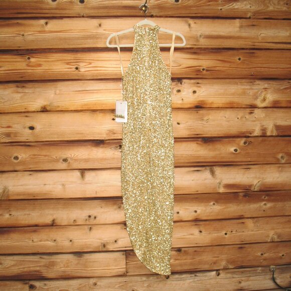 MAC DUGGAL 5760 Gold Sequined High Neck Keyhole Asymmetrical Dress - Picture 10 of 14